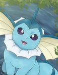 ambiguous_gender blue_body feral fin looking_at_viewer multicolored_body open_mouth partially_submerged purple_sclera quadruped smile solo water white_body white_eyes yellow_body rumine nintendo pokemon eeveelution generation_1_pokemon pokemon_(species) vaporeon hi_res