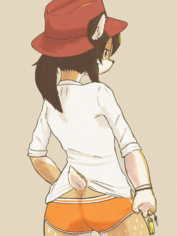 4_fingers ambiguous_gender anthro biped black_nose brown_hair butt clothed clothing countershade_arms countershade_face countershade_fur countershade_hands countershade_legs countershade_neck countershade_tail countershading deer_spots fingers fur furgonomic_hat furgonomic_headwear furgonomics hair hat headgear headwear holding_key holding_object inner_ear_fluff key ponytail rear_view red_eyes scut_tail shirt short_tail simple_background solo standing tail tan_body tan_fur topwear tuft underwear white_body white_countershading white_inner_ear_fluff nikomi1080 manjome_megumi_(nikomi1080) deer mammal 2019 colored hi_res japanese_description