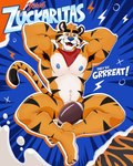 anthro armpit_hair ball black_eyebrows black_stripes blue_nipples blue_nose body_hair eyebrows gridiron_ball male mascot muscular muscular_arms navel nipples nude orange_tail solo stripes tail text yows_(artist) frosted_flakes kellogg's tony_the_tiger felid mammal pantherine tiger 4:5 absurd_res english_text hi_res