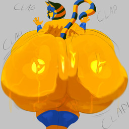 anthro ass_clapping big_breasts big_butt blue_hair breasts butt female hair huge_breasts huge_butt huge_hips huge_thighs hyper hyper_breasts hyper_butt hyper_hips hyper_thighs looking_back markings nude onomatopoeia solo sound_effects striped_markings striped_tail stripes tail tail_markings text thick_thighs wide_hips yellow_body adawndraws animal_crossing nintendo ankha_(animal_crossing) domestic_cat felid feline felis mammal 1:1 2026 absurd_res english_text hi_res