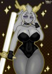 anthro big_breasts blush breasts bunny_costume choker clothing costume female fingerless_gloves fur gloves grey_body grey_fur handwear horn jewelry necklace serious_face solo weapon razplus pseudoregalia sybil_(pseudoregalia) bovid caprine goat mammal hi_res