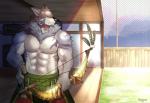 2018 anthro canid canine canis clothed clothing lifewonders male mammal mongolian mongolian_clothing muscular muscular_anthro muscular_male solo soonico tattoo temujin_(tas) tokyo_afterschool_summoners topless wolf