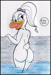 accessory anthro breasts butt feathers female hair hair_accessory humanoid_legs looking_back nude ponytail poolside solo water reddragonkan disney disney's_house_of_mouse daisy_duck anatid anseriform avian bird duck traditional_media_(artwork)