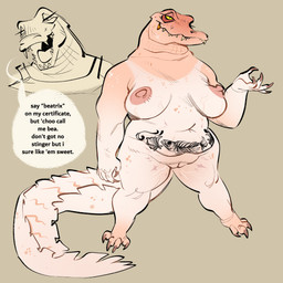 abdominal_tattoo anthro belly belly_overhang belly_tattoo breasts claws dialogue female finger_claws genitals leucistic mature_anthro mature_female navel nipples non-mammal_breasts non-mammal_navel non-mammal_nipples nude overweight overweight_anthro overweight_female scales sharp_teeth simple_background slightly_chubby snaggle_teeth solo southern_accent stretch_marks suntan tan_line tanned tattoo teeth text thick_thighs toe_claws vulva white_body white_scales wide_hips yellow_sclera glacierclear beatrix_(glacierclear) alligator alligatorid crocodilian reptile scalie 2025 english_text hi_res