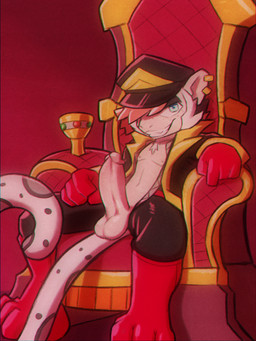 anthro balls blue_eyes chair clothed clothing ear_piercing erection furniture genitals gloves hair handwear hat headgear headwear humanoid_genitalia humanoid_penis latex latex_clothing looking_at_viewer male orange_hair penis piercing sitting smile smirk solo throne eyeball6300_(chiv) roxxie_schnee haplorhine mammal monkey primate 3:4 hi_res
