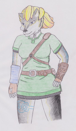 anthro armor belt belt_buckle blue_markings buckle chainmail clothed clothing female fingerless_gloves fusion gauntlets gloves green_clothing green_shirt green_topwear green_tunic handwear markings shirt solo standing text topwear tunic therealmessyroomguy1 nintendo the_legend_of_zelda twilight_princess link_(wolf_form) midna canid canine canis mammal wolf absurd_res english_text hi_res