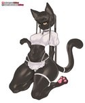 anthro apron barefoot black_body black_fur black_hair breasts cheek_tuft clothing eyebrow_through_hair eyebrows eyelashes facial_tuft feet female fur hair highleg highleg_bottomwear inner_ear_fluff kneeling legband long_hair medium_breasts midriff navel open_mouth pawpads shirt simple_background solo squish tail text thick_thighs thigh_squish thighband thong topwear translucent translucent_hair tuft underwear white_background wide_hips yellow_eyes girlsay patreon domestic_cat felid feline felis mammal 2023 5:6 artist_name hi_res url