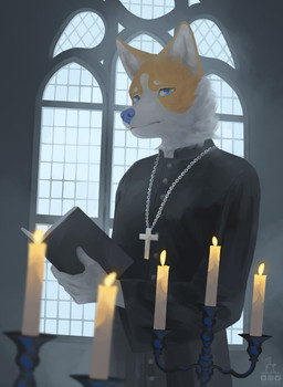 anthro black_clothing blue_eyes book candle candlelight cheek_tuft church clothing costume cross facial_tuft fire fluffy fluffy_ears fur inner_ear_fluff light male moonlight multicolored_body multicolored_fur neck_tuft night orange_body orange_fur priest religion scared solo tuft white_body white_fur window ocelotka catholicism christianity canid canine mammal digital_media_(artwork) half-length_portrait portrait