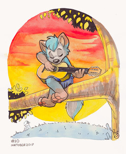 acoustic_guitar anthro black_hair black_nose blue_body blue_bottomwear blue_clothing blue_fur blue_shorts bottomwear brown_body brown_fur clothed clothing eyes_closed front_view fur gloves_(marking) grass guitar hair in_tree leg_markings logo male markings musical_instrument outside plant playing_guitar playing_music plucked_string_instrument short_hair shorts sitting socks_(marking) solo string_instrument topless tree young young_anthro young_male pandapaco canid canine mammal 2017 artist_logo dated signature