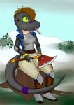 anthro armor axe boots brown_hair clothing cloud day female footwear green_eyes hair melee_weapon outside shoes sky snow solo stripes tail tongue weapon iguanasarecool mythology deena dragon mythological_creature mythological_scalie scalie absurd_res hi_res