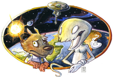 anthro brown_body brown_fur brown_nose clothing duo fur gloves grey_body grey_scales handwear male orange_clothing orange_gloves orange_handwear planet scales shirt simple_background smile spacecraft spacesuit star sun topwear vehicle white_background white_clothing white_shirt white_topwear yellow_eyes ayato lupine_and_scott albert_lupine scott_(ayato) alien canid canine canis mammal wolf 2009 signature traditional_media_(artwork)