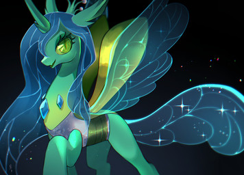 blue_hair blue_tail blue_wings female green_body green_eyes hair horn looking_at_viewer simple_background solo tail translucent translucent_tail translucent_wings wings choco_hosikawa friendship_is_magic hasbro my_little_pony metamorphosed_chrysalis changeling_(mlp) 2026 widescreen
