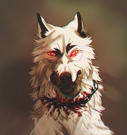 ambiguous_gender black_nose black_tongue blood bodily_fluids cheek_tuft facial_tuft fangs feral front_view fur gore licking licking_lips licking_own_lips looking_at_viewer narrowed_eyes neck_tuft open_mouth red_eyes self_lick simple_background solo teeth tongue tongue_out tuft unsigned whiskers white_body white_fur justkiddinb canid mammal