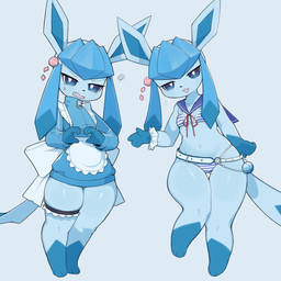 alternate_costume annoyed anthro bikini blue_body blue_eyes bodily_fluids breasts clothing dive_ball eyelashes fangs female gesture half-closed_eyes heart_gesture heart_symbol looking_at_viewer maid_headdress maid_uniform narrowed_eyes navel open_mouth paws pokeball simple_background small_breasts solo sweat swimwear tail teeth thigh_gap tongue two-piece_swimsuit uniform liteee nintendo pokemon eeveelution generation_4_pokemon glaceon pokemon_(species) 1:1 2025 hi_res