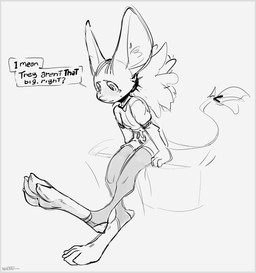4_toes anthro big_ears big_feet bodily_fluids border dialogue feet female foot_focus grey_border hair long_feet ponytail self-conscious sitting solo stirrup_legwear sweat sweatdrop text toes noctoc dipodid jerboa mammal rodent 2025 black_and_white english_text hi_res monochrome