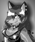 anthro black_lips collar female heart_pendant latex leather lips piercing solo michaelfox1986 foxxi_vixen canid canine fox mammal greyscale monochrome