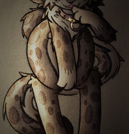 ambiguous_gender bent_over collar fangs fur inviting long_tail open_mouth paws semi-anthro solo tail teasing teeth text tuft wide_hips del_(artist) absurd_res english_text hi_res