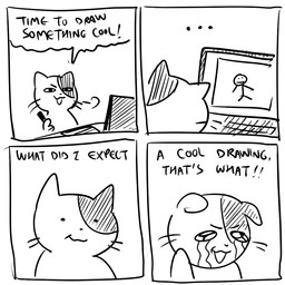 4_panel_comic ambiguous_gender anthro black_eyes black_text bodily_fluids computer crying dialogue dot_eyes electronics ellipsis exclamation_point eyebrows holding_object holding_pen laptop mouth_closed open_mouth open_smile pen simple_background simple_eyes smile solo speech_bubble talking_to_self tears text whiskers white_background white_sclera flavia-elric domestic_cat felid feline felis mammal 1:1 2022 comic digital_media_(artwork) english_text monochrome