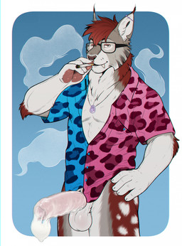 after_orgasm anthro arm_tuft balls bottomless bottomless_anthro bottomless_male cigarette clothed clothing collared_shirt condom dress_shirt ear_piercing erection eyewear fangs filled_condom foreskin fur genitals glans glasses grey_body grey_fur humanoid_genitalia humanoid_penis industrial_piercing jewelry looking_at_viewer male male_anthro neck_tuft necklace partially_retracted_foreskin penis piercing red_body red_fur sabertooth_(anatomy) sexual_barrier_device shirt simple_background smoking smoking_cigarette solo standing teeth topwear tuft wearing_condom wearing_glasses themutt kai_(xanderblaze) felid feline lynx mammal sabertooth_feline 2025 hi_res
