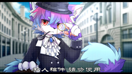 anthro big_eyes biped black_bars blue_hair fur hair kemono looking_at_viewer male pink_hair purple_body purple_fur purple_hair red_eyes slim_anthro slim_male smoking_pipe solo victorian_clothing white_body white_fur hlg7777 2022 letterbox