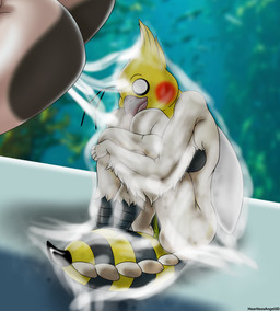 ambiguous_fluids antennae_(anatomy) anthro anus aquarium arthropod_abdomen beak blurred_background butt crossed_arms curled_up dildo dildo_sitting dildo_sitting_reveal duo feathers female fetal_pose genitals insect_wings penetration sex_toy sitting solo_focus vivarium vore vulva white_eyes wings yellow_anus yellow_body yellow_feathers yellow_vulva heartlessangel3d ginevra_the_whale_storm phoebe_the_queen_birbee arthropod avian bee bird cockatiel cockatoo hybrid hymenopteran insect parrot absurd_res hi_res