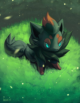 all_fours ambiguous_gender black_body black_fur black_nose blue_eyes chest_tuft detailed_background ears_up feral fluffy fluffy_tail fur grass leg_markings markings on_grass plant red_body red_fur red_markings red_paws short_ears snout socks_(marking) solo tail tuft falvie nintendo pokemon generation_5_pokemon pokemon_(species) zorua 2015 digital_media_(artwork) digital_painting_(artwork) painting_(artwork)