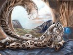 anthro armwear bed breasts clothing cloud female furniture gold_(metal) gold_jewelry jewelry lying nude on_front side_boob solo window cadmiumtea felid mammal pantherine snow_leopard acrylic_painting_(artwork) painting_(artwork) traditional_media_(artwork)