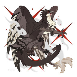 action_pose ambiguous_gender beak brown_body feathered_wings feathers feet feral fluffy jumping long_tail markings neck_tuft no_sclera open_beak open_mouth pawpads paws pose red_eyes simple_background solo sparkles tail tail_feathers talons text toes tuft white_markings wings mooncake_(artist) mythology avian gryphon mythological_avian mythological_creature artist_name digital_drawing_(artwork) digital_media_(artwork) hi_res