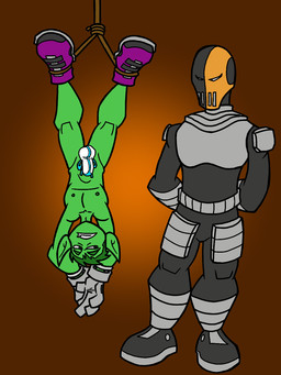 armor bdsm bondage bound brown_background captured clothing cock_sock duo footwear gloves green_body green_eyes green_skin handwear legs_tied male mask mostly_nude not_furry penis_clothing rope shoes simple_background socks underwear upside_down villainous how-did-we-get-here cartoon_network dc_comics teen_titans teen_titans_(television_series) beast_boy deathstroke humanoid 2016 3:4 aliasing digital_media_(artwork) hi_res