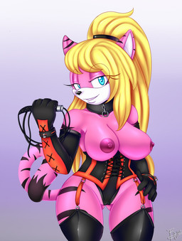 anthro armwear bdsm_outfit bedroom_eyes black_stripes blonde_hair blue_eyes breasts butt butt_from_the_front camel_toe clothed clothing collar corset dipstick_tail dominatrix elbow_gloves female fur garter_straps gloves gradient_background hair handwear legwear lingerie long_hair markings narrowed_eyes nipples pink_body pink_fur ponytail seductive simple_background smile solo striped_ears striped_markings striped_tail stripes tail tail_markings thigh_highs topless topwear whip wide_hips blue-the-unknown angel_(darksonic250) felid mammal pantherine tiger 2015 hi_res