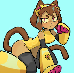 anthro big_butt blush brown_body brown_fur brown_hair brown_tail butt clothed clothing eyewear female fur gloves goggles hair handwear legwear pink_eyes short_hair simple_background small_waist solo tail thick_thighs thigh_highs thin_arms wide_hips higidu gameoverse glitch_productions kit_bodega animal_humanoid felid feline humanoid mammal absurd_res hi_res