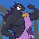 anthro clothing flexing male manly muscular robe smile solo altergott disney disney's_hercules godzilla_(series) toho zeuszilla godzilla zeus_(disney) kaiju lizard reptile scalie 1:1 2024 hi_res