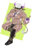 abs accessory anthro biceps brown_body brown_fur bulge clothing footwear fur garter_belt garter_belt_socks garter_straps hair headband horn male muscular muscular_anthro muscular_male nipples pecs socks solo thong underwear white_hair eggricecake lifewonders tokyo_afterschool_summoners shennong_(tas) bovid bovine cattle mammal absurd_res hi_res