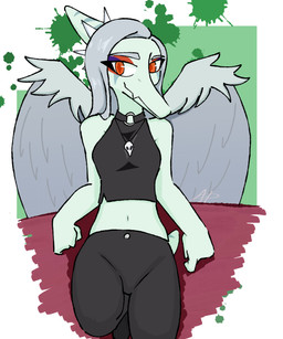 abstract_background amber_eyes anthro black_bottomwear black_clothing black_crop_top black_pants black_shirt black_topwear blue_body bone bone_frill bottomwear breasts clothed clothed_anthro clothed_female clothing collar crop_top feathered_wings feathers female female_anthro fingers frill_(anatomy) grey_body grey_feathers grey_hair hair humanoid_hands jewelry leaning leaning_backward long_hair looking_at_viewer markings medium_breasts navel necklace non-mammal_breasts non-mammal_navel paint_splatter pants shirt short_tail skull smile solo spiked_collar spikes striped_markings stripes tail topwear wings disceet goodbye_volcano_high ko_op_(game_developer) fang_(gvh) prehistoric_species pterosaur reptile scalie 2025 5:6 absurd_res colored digital_media_(artwork) hi_res shaded