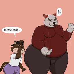 annoyed anthro backwards_baseball_cap backwards_hat baseball_cap big_butt black_clothing black_hat black_headwear bottomwear brown_body brown_bottomwear brown_clothing brown_ears brown_fur brown_hair brown_pants brown_sweater brown_tail brown_topwear butt clothed clothing duo eyes_closed fangs fur grey_body grey_clothing grey_fur grey_shirt grey_t-shirt grey_topwear hair half-closed_eyes hand_on_face hand_on_own_face hat headgear headwear huge_butt looking_at_viewer male moobs multicolored_body multicolored_fur narrowed_eyes obese obese_anthro obese_male overweight overweight_anthro overweight_male pants purple_bottomwear purple_clothing purple_pants purple_topwear sharp_teeth shirt smile speech_bubble standing sweater t-shirt tail teeth text thick_thighs three-quarter_view tongue topwear two_tone_body two_tone_fur whiskers colossalstars 67_(meme) bradford_(colossalstars) skylar_lows_(colossalstars) canid canine canis domestic_cat domestic_dog felid feline felis mammal 1:1 2026 absurd_res digital_media_(artwork) english_text hi_res meme