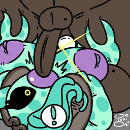 3_fingers 4_arms areola backsack balls black_sclera breasts brown_balls brown_body brown_penis brown_skin dark_body dark_skin duo erection exclamation_point eyelashes eyewear feet female fingers genitals glasses green_body grey_background human_on_humanoid imminent_oral interspecies inverted_nipples lightened_soles lips looking_at_another looking_at_genitalia looking_at_partner looking_at_penis male male/female markings mole_(marking) multi_arm multi_limb nipples nude nude_female nude_human nude_humanoid nude_male one_eye_obstructed penis penis_awe pseudo_hair purple_areola purple_nipples shocked simple_background spots spotted_body tentacle_hair tentacles toes wearing_glasses yellow_eyes toni_oni cthulhu_mythos h._p._lovecraft allan_(toni_oni) x'tra_(toni_oni) alien alien_humanoid human humanoid mammal 1:1 signature