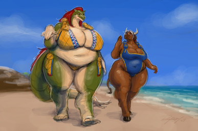 5_fingers anthro beach big_breasts bikini bikini_bottom bikini_top breasts brown_body brown_fur brown_hair cleavage clothed clothed_anthro clothed_female clothing duo eyewear female fingers fur glasses green_body green_scales hair hooves humanoid_hands mature_anthro mature_female navel one-piece_swimsuit red_hair sand scales sea slightly_chubby slightly_chubby_anthro slightly_chubby_female swimwear two-piece_swimsuit walking water wearing_glasses rayoutofspace european_mythology greek_mythology mythology amaryllis_(sybarite) iolanta_avarta bovid bovine dragon mammal minotaur mythological_creature mythological_scalie scalie absurd_res hi_res