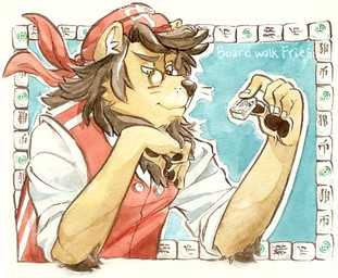 anthro arm_tuft black_nose black_pawpads brown_mane clothed clothing colored_nails elbow_tuft eyewear facial_hair fingernails fur glasses goatee headgear headkerchief headwear holding_mahjong_tile humanoid_hands inner_ear_fluff kerchief mahjong mahjong_tile male mane nails pawpads pince-nez red_clothing red_topwear red_vest rolled_up_sleeves round_glasses shirt snout solo tan_body tan_fur topwear tuft vest wearing_glasses whisker_spots whiskers white_clothing white_fingernails white_inner_ear_fluff white_nails white_shirt white_topwear gingham_(artist) felid lion mammal pantherine 2008 bust_portrait painting_(artwork) portrait shaded watercolor_(artwork)