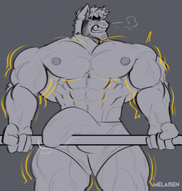 abs anthro barazoku barbell big_bulge body_hair briefs briefs_only bulge clenched_teeth clothed clothing detailed_bulge erection erection_under_clothing exercise expansion genital_expansion genital_outline growth holding_barbell huge_bulge lifting lifting_barbell male male_anthro muscle_growth muscular muscular_anthro muscular_male nipples pecs penis_expansion penis_outline pubes teeth tenting text topless transformation underwear underwear_only veiny_arms weightlifting workout melaisen bau_(melaisen) akita canid canine canis domestic_dog mammal spitz 2023 absurd_res artist_name comic digital_drawing_(artwork) digital_media_(artwork) greyscale hi_res monochrome portrait spot_color three-quarter_portrait