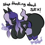 anthro bent_over big_breasts big_butt black_body black_fur breasts butt eyelashes eyes_closed female floating_hands fur hair hanging_breasts huge_breasts huge_butt long_hair purple_hair simple_background solo text thick_thighs white_background wide_hips record-scratch_(artist) nintendo pokemon stop_thinking_about_sex generation_8_pokemon legendary_pokemon pokemon_(species) spectrier english_text meme