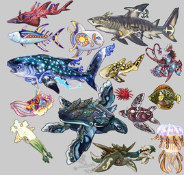 ambiguous_gender dorsal_fin feral fin gills grey_body group tail tail_fin tentacles anomalybroccoli aquatic arthropod cephalopod cnidarian crustacean fish jellyfish medusozoan mollusk reptile scalie shark sunfish turtle absurd_res hi_res