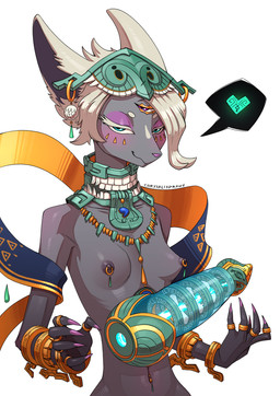 3_eyes 5_fingers anthro bedroom_eyes biped blue_eyes blush breasts claws female female_anthro fingers hair heart_symbol heterochromia humanoid_hands looking_at_viewer multi_eye narrowed_eyes navel navel_piercing nipple_piercing nipples piercing pink_nose purple_eyes seductive smile solo standing white_hair chrysalisdraws nintendo tears_of_the_kingdom the_legend_of_zelda mineru mammal zonai hi_res