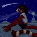 anthro female horn night outside sad scales science_fiction shooting_star sky solo spade_tail star stargazing starry_sky tail thin_calves thin_legs thin_thighs aerynoustinne aeryn_ranveri ailurid mammal red_panda 1:1