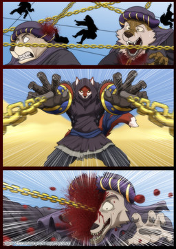 anthro armor attack big_muscles blood bodily_fluids bottomwear bracers chain clothed clothing death desert fatal fur gore group headgear headwear hood killing male multicolored_body multicolored_fur muscular muscular_anthro muscular_male red_body red_fur sand sweat topwear two_tone_body two_tone_fur white_body white_fur xxsparcoxx acarius_medjay teofacio_larna ambiguous_species canid canine fox mammal red_fox true_fox 2024 comic digital_media_(artwork) hi_res