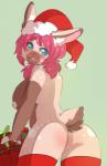 anthro blue_eyes blush breasts butt christmas_clothing christmas_headwear clothing female hair hat headgear headwear holidays nipples pink_hair pom_hat santa_hat side_boob solo aoizuri christmas lagomorph leporid mammal rabbit 2014 hi_res