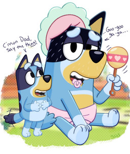ageplay anthro blue_body blue_fur bonnet clean_diaper clothing dialogue diaper duo female fur headgear headwear infantilism looking_at_viewer male object_in_mouth open_mouth pacifier pacifier_in_mouth rattle roleplay smile text young conditional_dnp einsamkeitus bluey_(series) bandit_heeler bluey_heeler australian_cattle_dog canid canine canis cattledog domestic_dog herding_dog mammal pastoral_dog digital_media_(artwork) english_text daughter_(lore) father_(lore) father_and_child_(lore) father_and_daughter_(lore) parent_(lore) parent_and_child_(lore) parent_and_daughter_(lore)