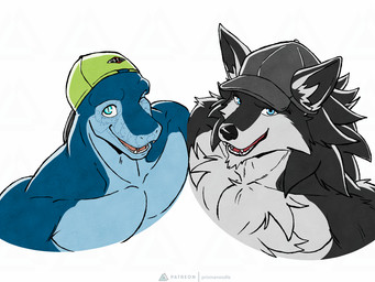 anthro black_body black_fur blue_body blue_eyes blue_scales clothing countershade_face countershade_torso countershading duo fur grey_body grey_fur hat headgear headwear looking_at_viewer male muscular muscular_male open_mouth scales simple_background smile prismanoodle cobalt_(rtzero) griff_(rtzero) canid canine canis lizard mammal reptile scalie wolf hi_res