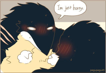 ambiguous_gender anthro aroused black_body black_fur blush bodily_fluids breath dialogue duo fur panting scar speech_bubble sweat text lovebuffpg45 avian bird penguin english_text