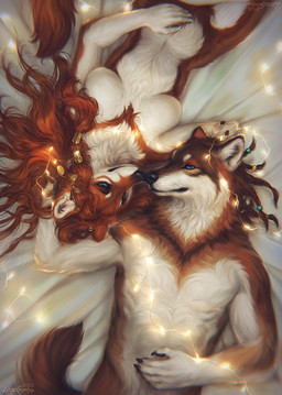anthro bedding bedding_background black_nose blue_eyes brown_body brown_ears brown_fur brown_hair duo female front_view fur hair long_hair lying male mouth_closed narrowed_eyes nude on_back string_lights wavy_hair white_body white_fur lostgoose ella_(nonoka917) miles_(miles-wolf) canid canine canis mammal red_wolf wolf 2023