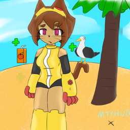ambiguous_gender anthro apple_juice beach beverage biped brown_hair brown_tail clothed clothing duo female female_anthro feral hair juice_(beverage) juice_box outside palm_tree plant standing tail tan_body tree whiskers mtyhud ymt9918 gameoverse glitch_productions kit_bodega avian bird domestic_cat felid feline felis gull lari larid mammal 1:1 hi_res tagme